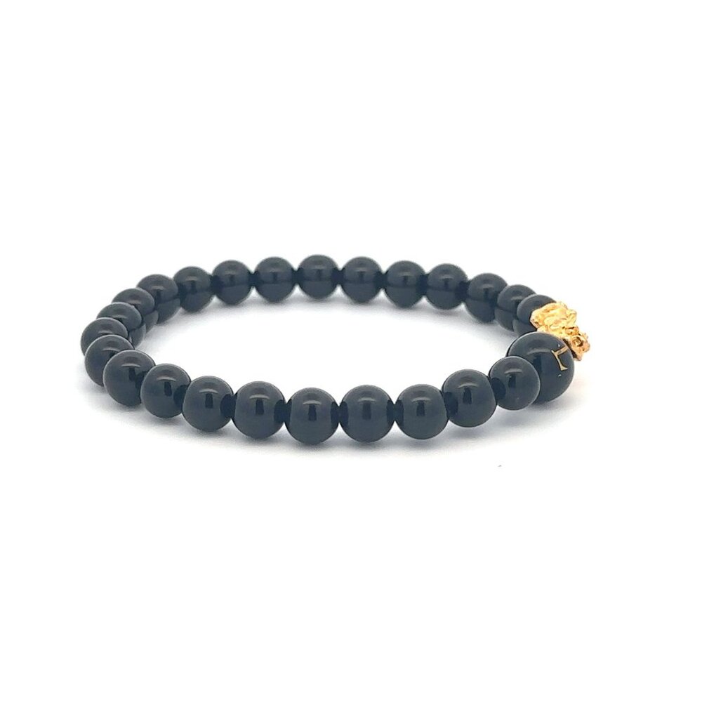 18K Gold Pixiu Piyao Bracelet Gemstones Onyx 6mm Elastic Bracelet Letter L - Picture 5 of 5